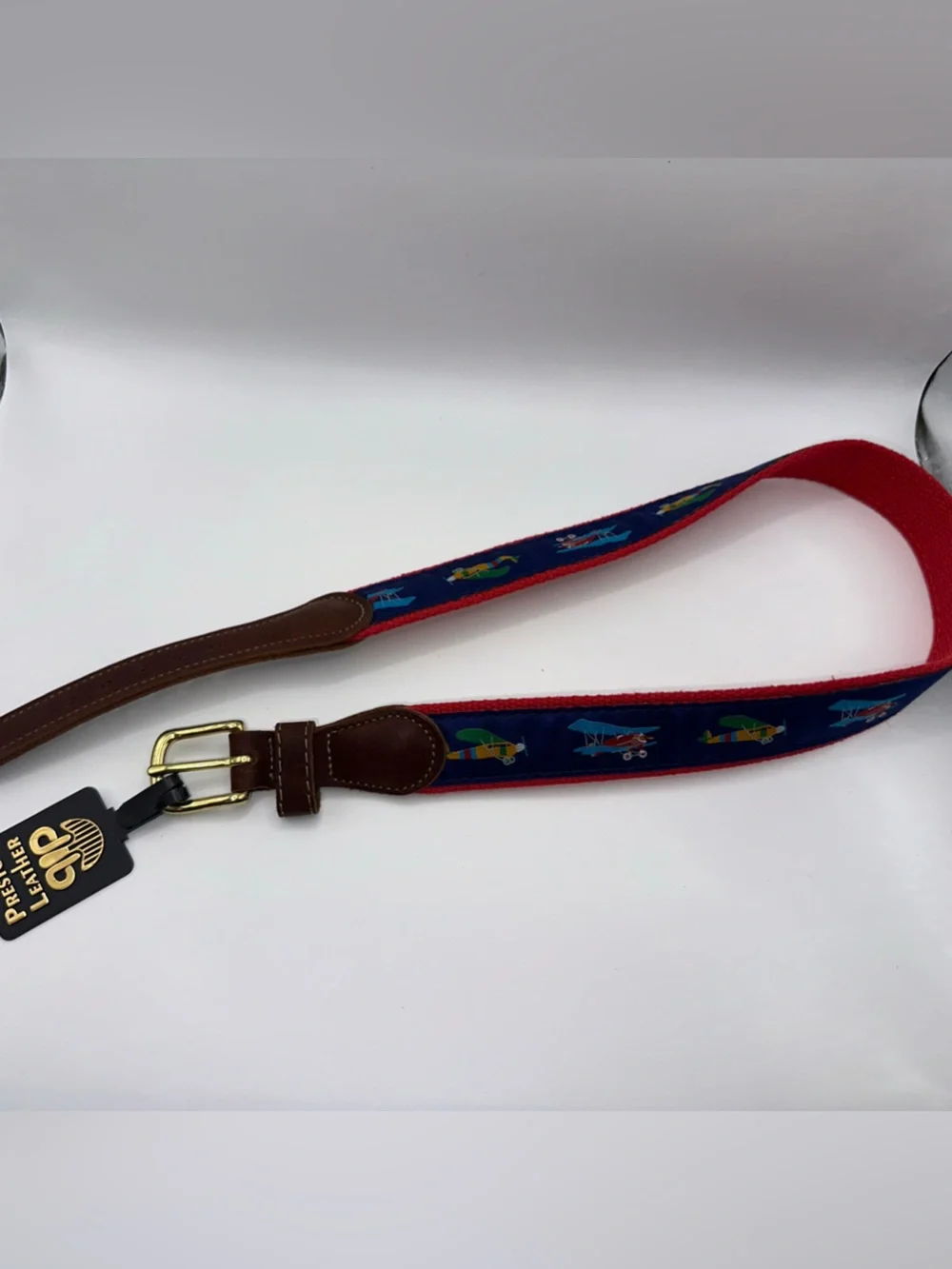 Preston Leather Plane Colorful Belt Solid Brass Buckle Kids Size 24 Made in USA